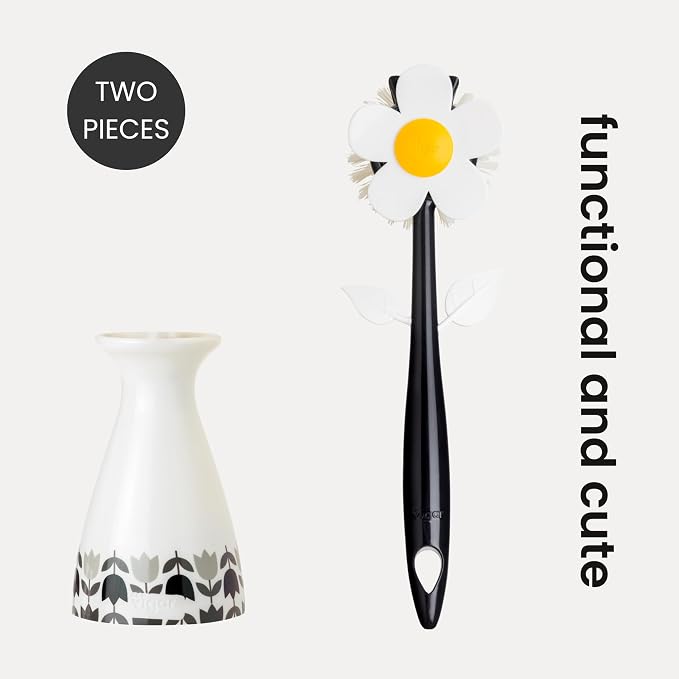 Vigar Flower Power Dish Brush - Flower-Shaped, Dish Brush with Handle and Vase Holder, Scrub Brush for Dishes, Dishwashing Brush, Kitchen Scrub Brush, Pot Scrubber, Kitchen Essentials - White, Black