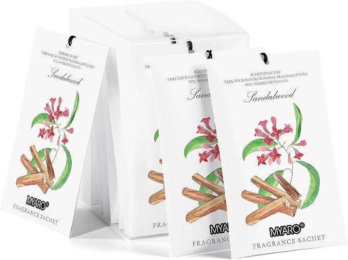 MYARO 12 Pack Sandalwood Scented Sachets, Closet Deodorizer Car Freshener | Long-Lasting Sachet Bag, Odor Eliminator for Closet, Drawer, Bathroom, Clothes, Fabric Refresher, Home Fragrance Gift Set