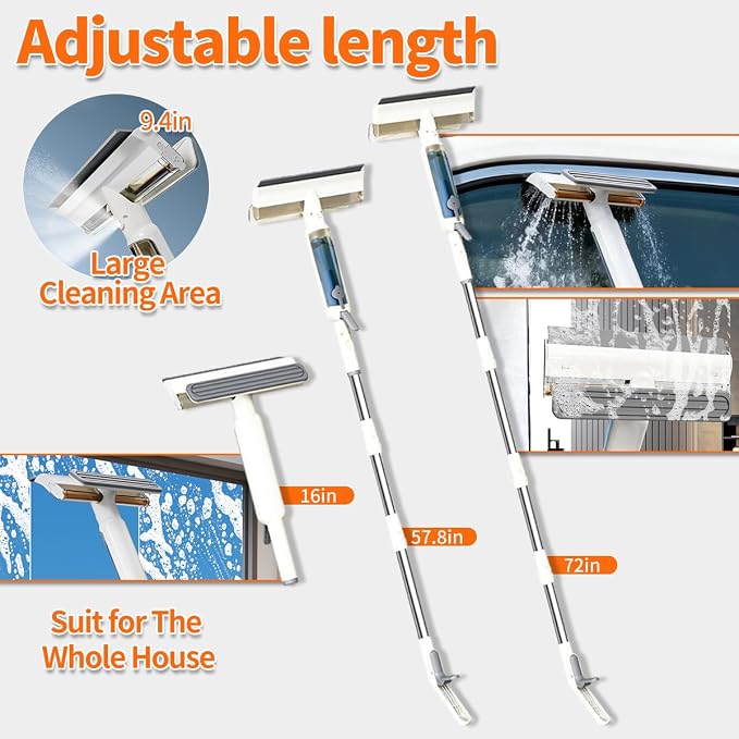 4 in 1 Window Squeegee with Water Tank,Window Cleaner Tool with Remote Control Water Spray,16'' to 72'' Adjustable Extension Pole,Wastewater Tray,Sponge Window Squeegee for Shower Glass Car Window