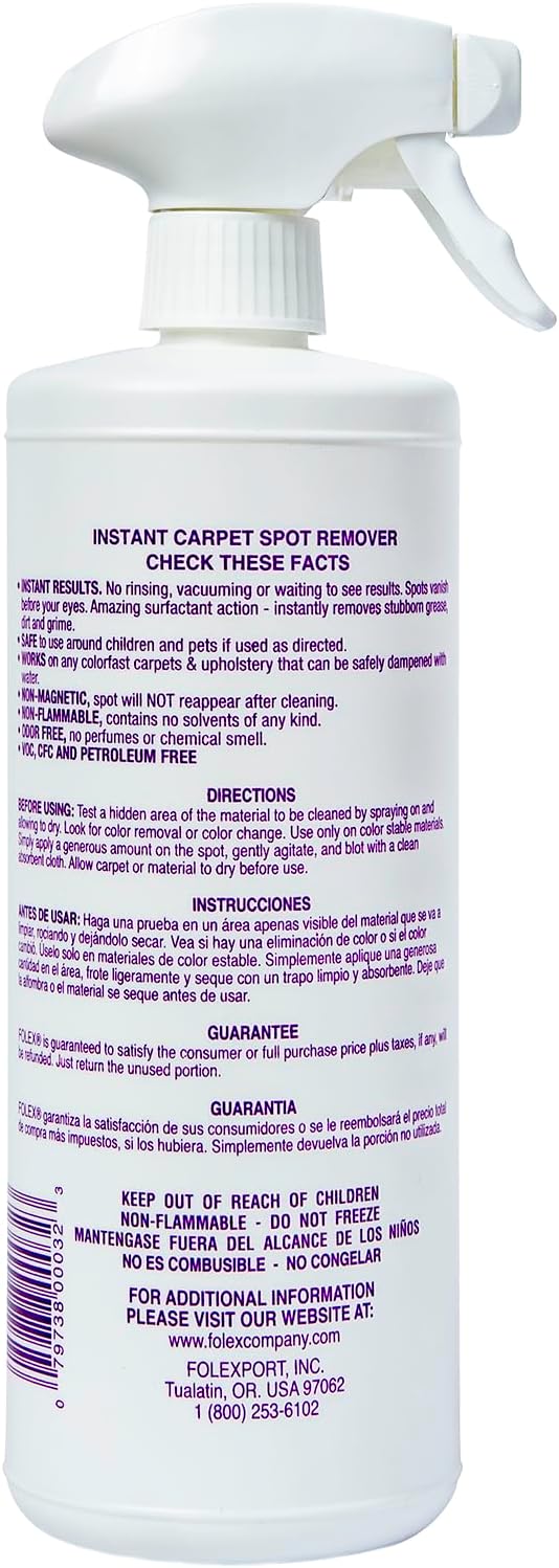 FOLEX Instant Carpet Spot Remover 32 oz – Powerful Stain Remover for Carpets, Upholstery & Rugs – Eliminates Pet Stains, Grease, Red Wine, Food, Makeup & More – With Reusable Cleaning Cloth - 1 Pack