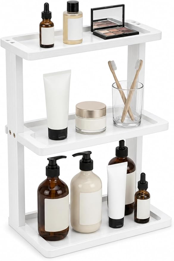 PEKER Bamboo Bathroom Organizer Countertop – Vanity Storage Shelf for Makeup, Perfume, Skincare – Natural Cosmetics Display Rack for Dresser, Sink, Kitchen – White