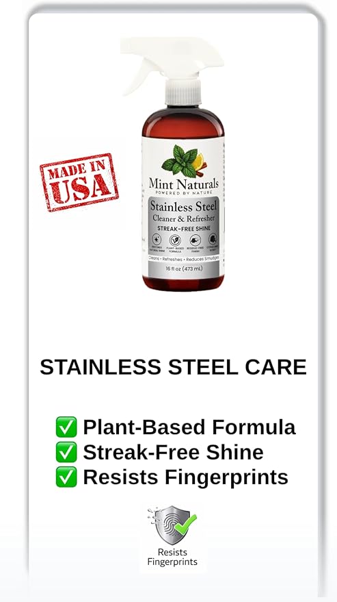 Natural Stainless Steel Cleaner & Polisher - Fingerprint Resist 16oz | Made in USA with USDA Organic Peppermint Oil by Mint Naturals