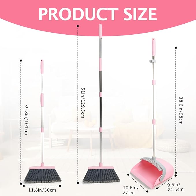2-Pack Broom and Dustpan Combo Set,51" Long Handle,Grey Pink | Standing Dustpan, Heavy Dust,House Accessories for Home, Kitchen, Office, Pet Hair
