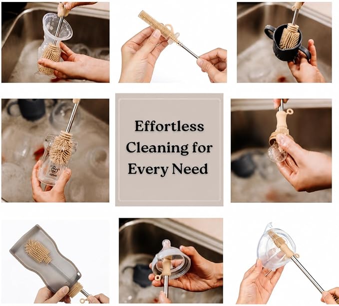 Haakaa Silicone Cleaning Brush Kit – Household Cleaning Brushes for Bottles and Crevices – Food-Grade Silicone: Dishwasher Safe (Brush-Champagne)