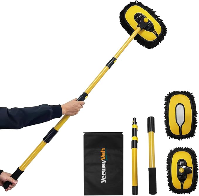 YeewayVeh Car Wash Brush Mop, 55" Long Handle, 15° Curved, Yellow & Black | Extra Microfiber Mop Head, Extension Pole, Scratch-Free Auto Cleaning Kit for Truck, SUV & RV