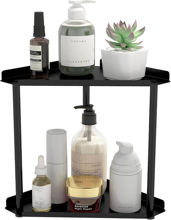 Jesginboo 2 Tier Bathroom Counter Organizer, Vanity Organizer Corner Shelf | Skincare, Makeup Countertop Organizers, Kitchen, Bathroom Counter Storage, Black