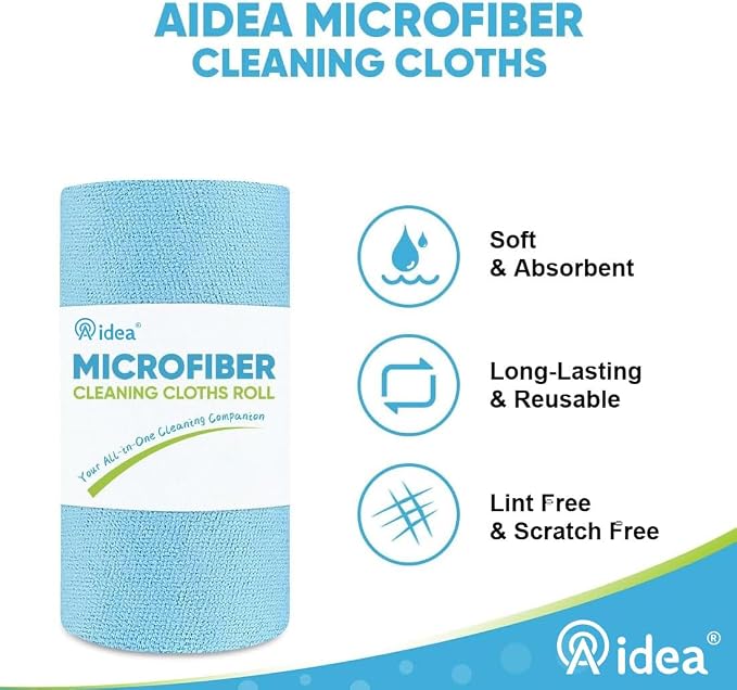 AIDEA Microfiber Cleaning Cloth Roll-50PK, Blue Shop Towels 11.5"×11.5" | Reusable Tear Away Paper Towels, Washable Shop Rags, Microfiber Towels for Cars, Lint Free Rags for House,Mechanic, Workshops