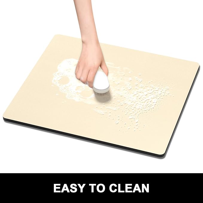 Rnivvi Dish Drying Mat for Kitchen Counter, 16 x 18" Cute Absorbent Heat Resistant Drying Pad with Non-slip Rubber, Coffee Bar Mats for Coffee Machine Dish Rack Kitchen Decor Accessories, Beige