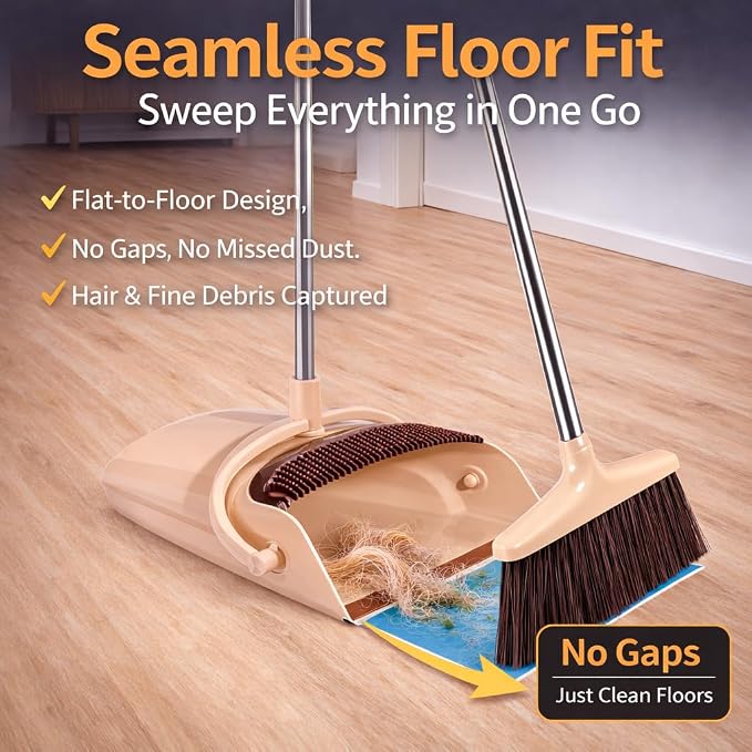 Broom and Dustpan Set with Long Handle and 6 Bonus Cleaning Tools, Upright Standing Combo with Self-Cleaning Teeth & Windproof Dustpan for Pet Hair, Home, Kitchen, Garage, Apartment