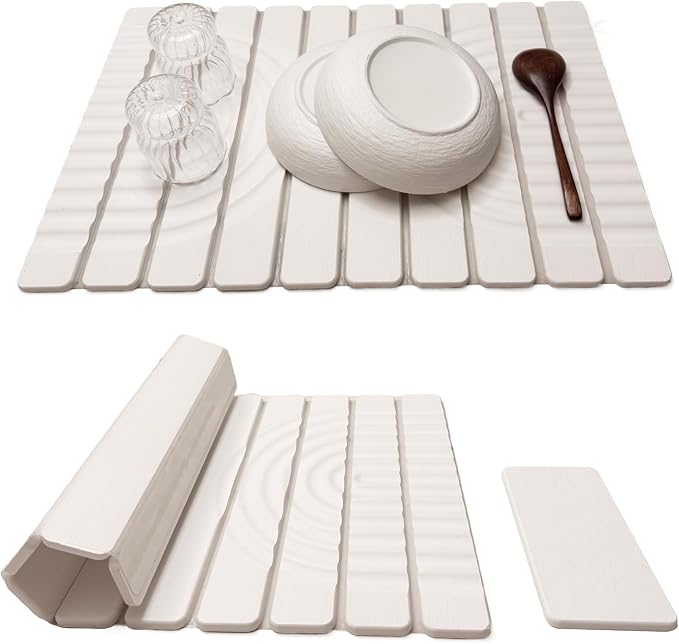 Stone Drying Mat for Kitchen Counter, 23.62"X15.35" Absorbent Diatomaceous Collapsible Quick Drying Dish Mats，Roll This Non-Slip Highly Absorbent Drying Mat Into a Compact Size for Seamless Storage