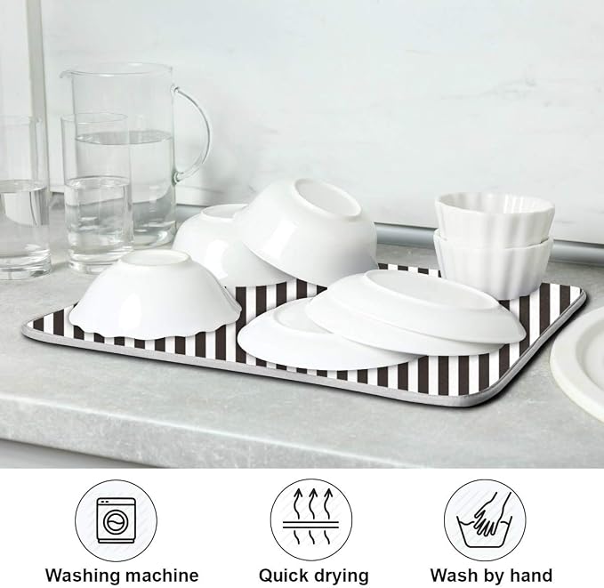 Black White Stripes Dish Drying Mat for Kitchen, Absorbent Microfiber Drying Pad Dish Mat, 16" X 18"