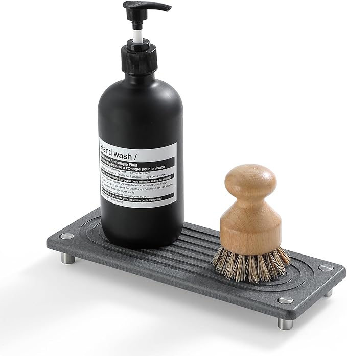 Razborci Water Absorbing Stone Sink Caddy Kitchen Sink Organizer Tray, Diatomite Bathroom Counter Tray, Faucet Drying Mat Coaster Soap Dish Rack Riser Dispenser Sponge Holder, Charcoal 10" x 4"