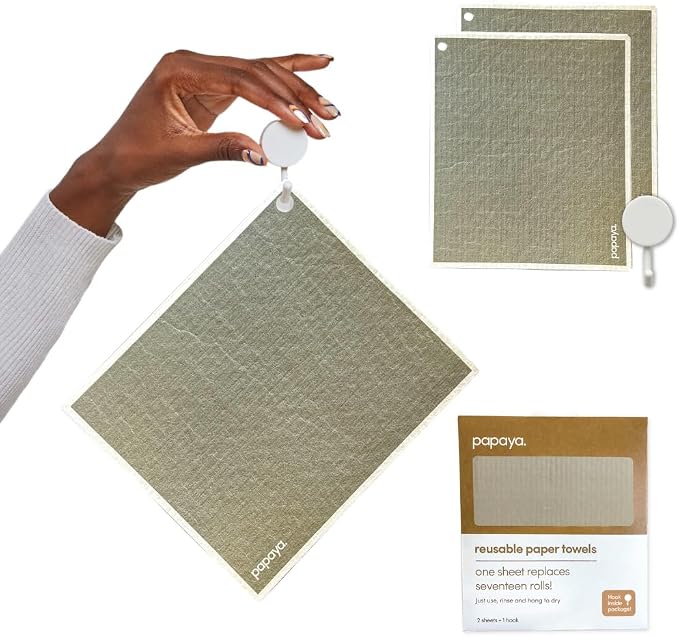 Papaya Swedish Dishcloths for Kitchen, 2 Reusable Paper Towels, 1 Hook