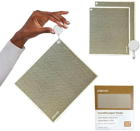 Papaya Swedish Dishcloths for Kitchen, 2 Reusable Paper Towels, 1 Hook