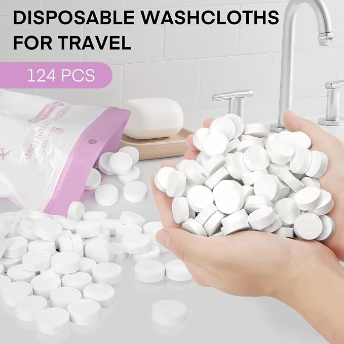 Classycoo Compressed Towel 120 PCS with 2 Carrying Cases,Disposable Mini Tablets Portable Face Towel Cotton Coin Tissue for Travel, Camping, Hiking, Sport, Home Hand Wipes, Outdoor Activities(Purple)