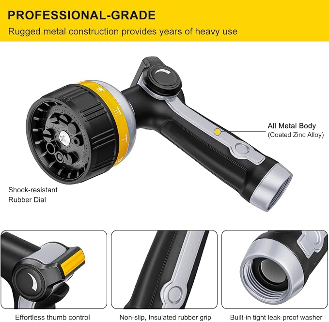 FANHAO Metal Thumb Control Garden Hose Nozzle Heavy Duty, 10 Spray Patterns | Rustproof Leak Proof, Comfortable Non-Slip Handle, High Pressure Hose Sprayer for Watering Plants, Car & Pet Washing, Yellow