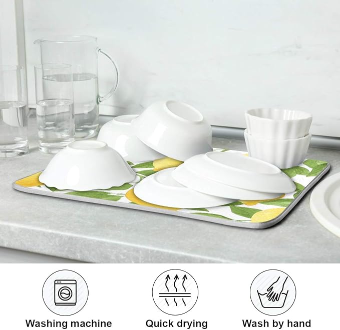 Lemon Yellow Tree Dish Drying Mat for Kitchen, Absorbent Microfiber Drying Pad Dish Mat, 24" X 18"