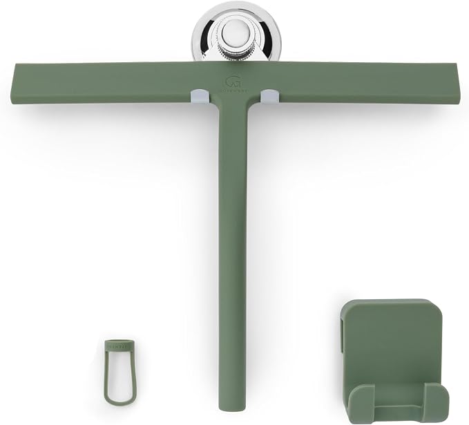 GÜTEWERK Silicone Shower Squeegee for Glass Doors & Mirrors with Stainless Steel Core, Streak-Free & No-Squeak Window Cleaning, 3-in-1 No-Drill Mount (Hook/Suction/Adhesive),Green, 11 Inches