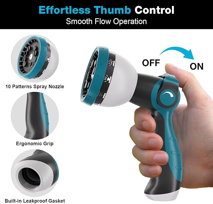 Besiter Garden Hose Nozzle, Hose Sprayer Nozzle with 10 Spray Patterns, Thumb Control On Off Valve,2 Pack High Pressure Metal Water Hose Nozzle for Car Wash, Plants, Pets & Outdoor Cleaning Blue Green