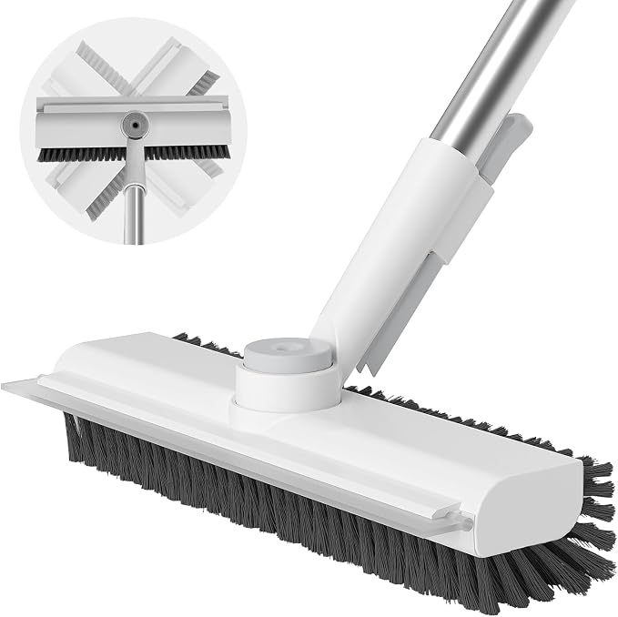 AIR U+ Floor Scrub Brush with Long Handle, 3-in-1 Rotating Head & Squeegee | Stiff Dual-Sided Bristle Scrubber for Shower, Bathroom, Kitchen and Patio, 30–50 In Handle for Easier Stand-up Cleaning