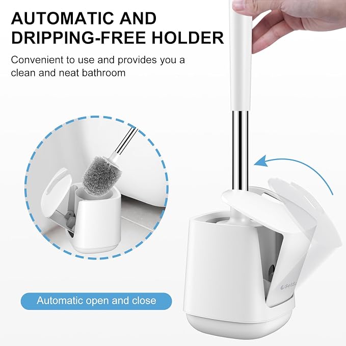 SetSail Toilet Brush, Self Closing Lid Toilet Bowl Brushes Holder and Extra Long Handle Ventilated Toilet Brush Set for Bathroom Cleaning, Nylon Bristles, Pure White