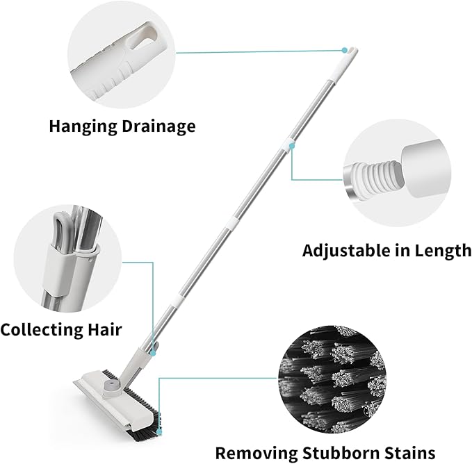 AIR U+ Floor Scrub Brush with Long Handle, 3-in-1 Rotating Head & Squeegee | Stiff Dual-Sided Bristle Scrubber for Shower, Bathroom, Kitchen and Patio, 30–50 In Handle for Easier Stand-up Cleaning