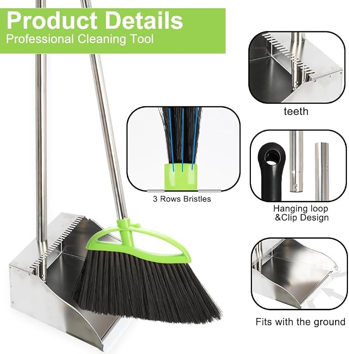 Soft Bristles Broom and Metal Dustpan Set for Indoor, Hardwood, Floor