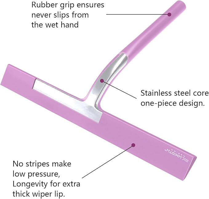 Shower Squeegee with Silicone Hook, 11" Inch Width All Purpose Squeegee Wiper for Shower Glass Doors Bathroom Mirror Tiles Car Window Cleaner Tool - Pink