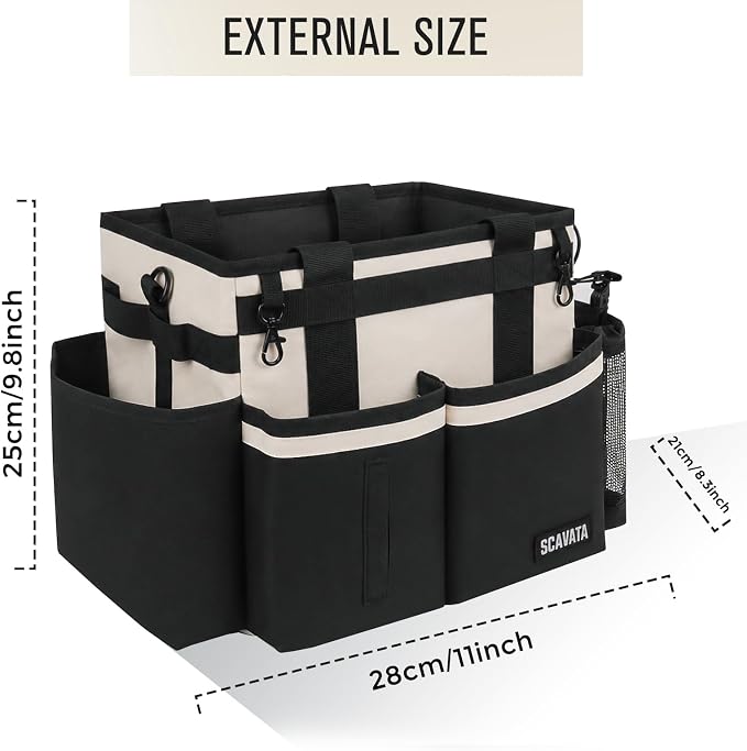 SCAVATA Compact Wearable Cleaning Caddy with Handle & Shoulder Straps | Small Cleaning Supplies Organizer, Under Sink & Car Cleaning Tools Storage Bag for Housekeepers Cleaners, Cream White