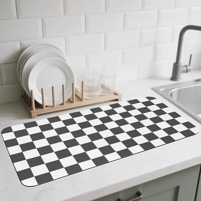 CooRug Checkered Dish Drying Mat, 17" x 32", Black | Absorbent, Leak-Proof, Non-Slip, Heat Resistant, For Kitchen Counter & Coffee Bar, Eco-friendly Materials, Easy to Clean