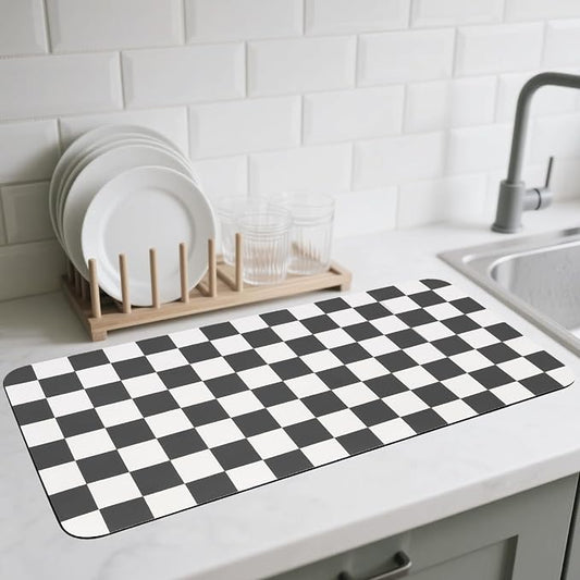 CooRug Checkered Dish Drying Mat, 17" x 32", Black | Absorbent, Leak-Proof, Non-Slip, Heat Resistant, For Kitchen Counter & Coffee Bar, Eco-friendly Materials, Easy to Clean