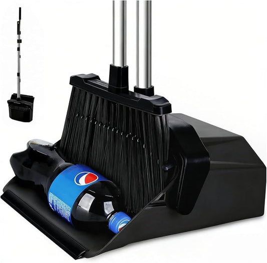 Broom and Dustpan Set for Home, 51" Long Handle Standing Dustpan Black | Self-Cleaning Dust Pan and Brooms, ZeroGap Lip, Upright Storage Broom Combo for Kitchen Lobby Office Restaurant Indoor