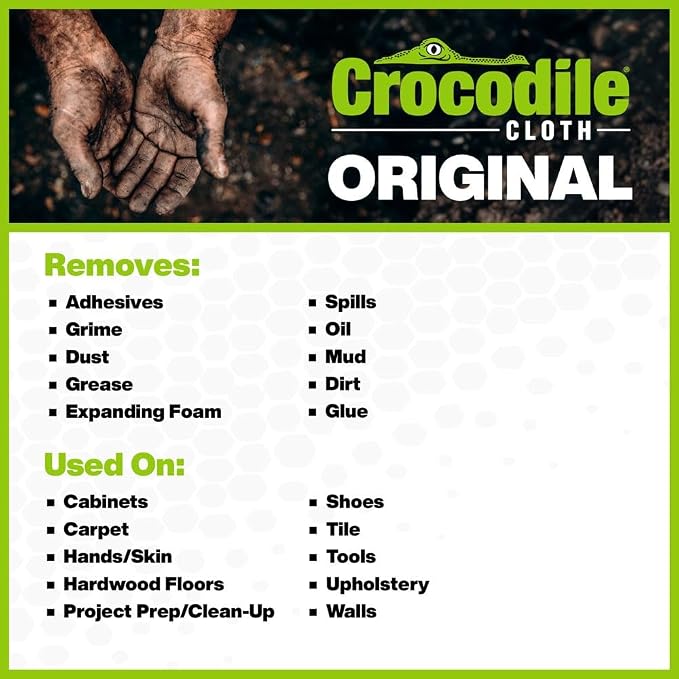 Crocodile Cloth Original Cleaning Wipes, Heavy-Duty Multi-Surface Hand & Tool Wipes, Water-Based, Safe on Skin, 100 Count, 15 x 10 Inch