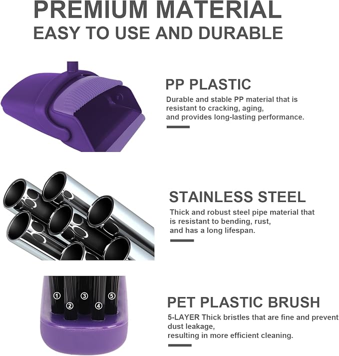 Purple Broom with Dustpan Combo Set, 51" Long Handle Household Cleaning Tool, Ideal Broom and Dustpan Set for Pet Hair and Home Use