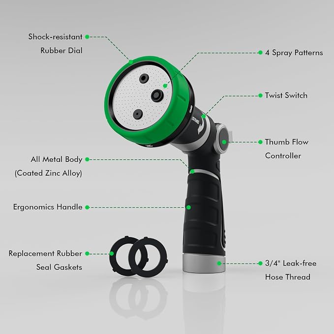 RESTMO Heavy Duty Garden Hose Nozzle, Multi-Angle Hose Spray Nozzle | 4 Adjustable Spray Patterns, Garden Hose Sprayer with Twist Switch, Thumb Flow Control, Ideal for Outdoor Lawn & Yard, Green