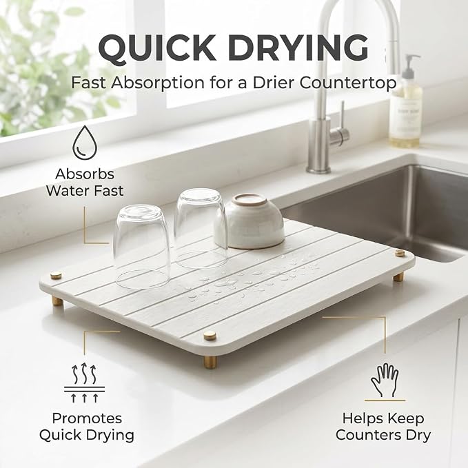 Razborci Stone Dish Drying Mat for Kitchen Counter, Water Absorbing Bathroom Tray Sink Organizer, Diatomaceous Earth Countertop Dish Rack Riser Sponge Holder Soap Dish, Gold White, 16" x 12"