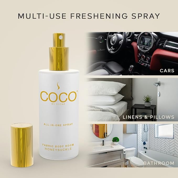 COCO by Stone 5oz All-in-One Spray Honeysuckle Fabric & Room Mist | Shake-and-spray formula for fabrics, pillows, clothing and rooms with a delicate Honeysuckle fragrance. Vegan & cruelty-free.