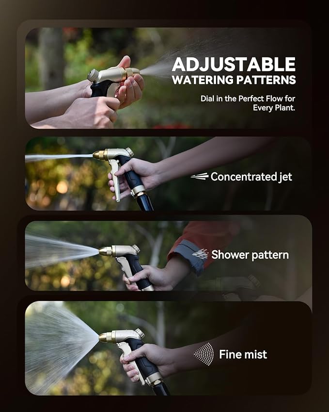 RAINPOINT Garden Hose Nozzle, 100% Heavy Duty Metal Hose Sprayer, High Pressure Water Hose Nozzle with Adjustable Spray Patterns and Flow Control for Watering Plants, Car Washing, Pet Washing,L-Brown