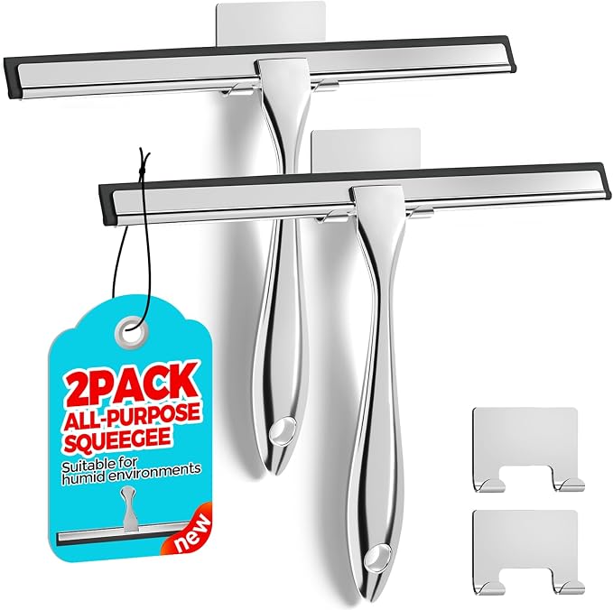 ALFLOD 2pcs Shower Squeegee for Glass Doors with Adhesive Hanging Hook Set | 10” silver, bathroom accessories, window cleaner, new home essentials, soft rubber blade, metal handle, ergonomic grip