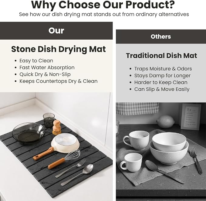 Stone Dish Drying Mat for Kitchen Counter Large Quick Dry Diatomaceous Earth Stone Drying Mat Foldable Water Absorbent Dish Drying Mat for Dishes Cups Bottles Kitchen Sink Countertop (Grey Marble)
