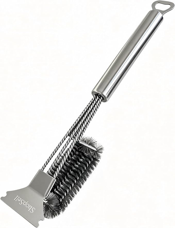 Grill Cleaning Brush with Scraper, Stainless Steel BBQ Grate Tool | 3-in-1 grill cleaner with scraper and bottle opener, anti-rust steel bristles works for gas, charcoal, porcelain grills