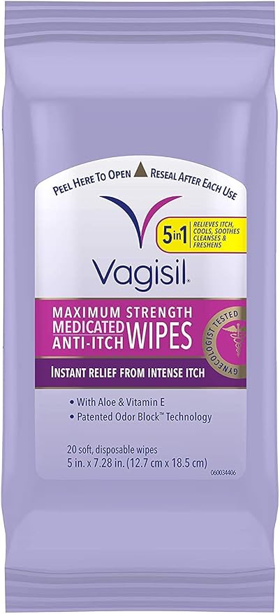 Vagisil Wipes, Anti-Itch Medicated Feminine Vaginal Wipes, Maximum Strength, Instant Relief, 20 Wipes (Pack of 1)