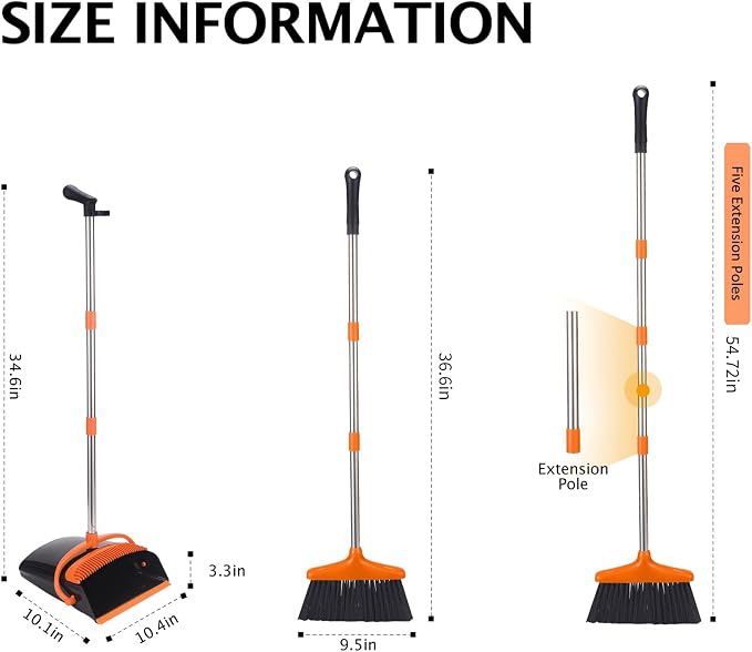Broom and Dustpan Set,54.72" Long Handle,Standing Dustpan,1-Pack | Light Weight Stainless Steel Poles,Upright Dustpan with Broom Combo,for Home Kitchen Office Pet Dog Hair,Black & Orange