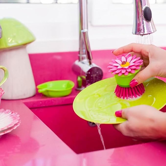 Vigar Flower Power Palm Dish Scrub Brush with Holder, Kitchen Scrub Brush for Dishes, Dish Scrubber, Sink Brush, Dishwashing Brush and Vegetable Scrubber for Household Cleaning - Pink, Green