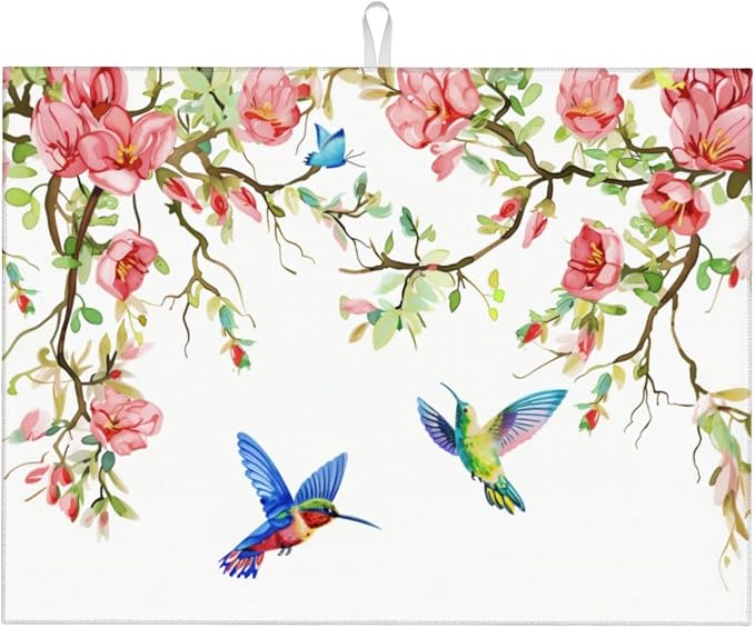 Hummingbird Butterfly Magnolia Dish Drying Mat For Kitchen Counter, Super Absorbent Microfiber Dish Drying Pad, Kitchen Gadgets For Easy Clean Multi-Use Large 18"x24"