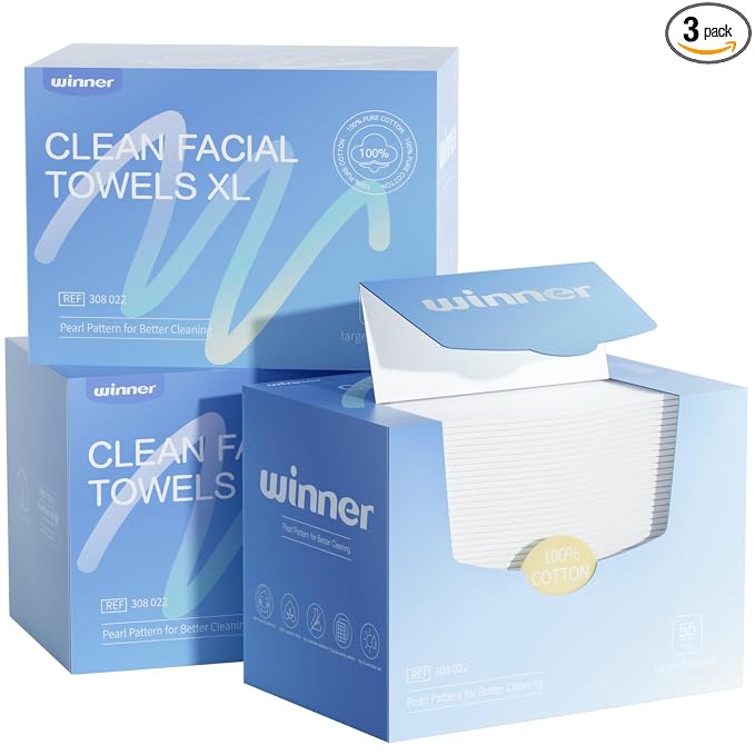 Winner Face Towels, 100% USDA Biobased Facial Towelettes XL, Disposable Face Towel for Sensitive Skin, Ultra Soft Makeup Remover Dry Wipes, Odor-Free, 165 Count, 3 Pack