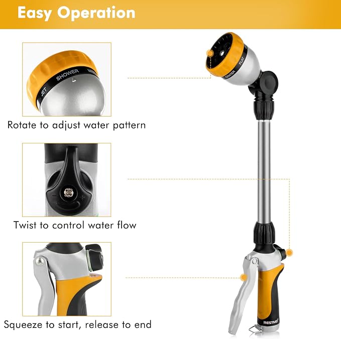 RESTMO Heavy Duty Metal Hose Wand, Watering Wand for Garden Hose | 180° Swivel Ratcheting Head, 16'' Hose Sprayer, 7 Spray Patterns, Flow Control, Ideal for Hanging Baskets & Shrubs, Yellow