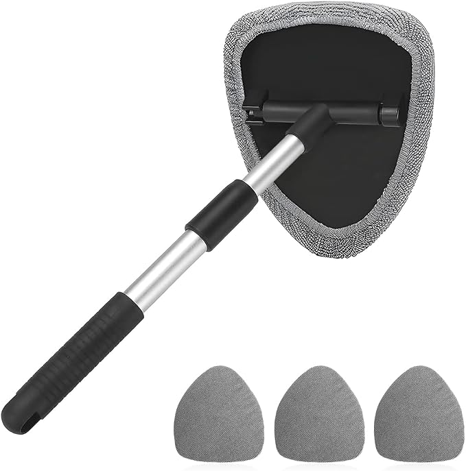Extendable Car Windshield Cleaning Tool with Microfiber Pads, Gray | reusable glass-wiper design, interior and exterior window use, fits most cars, SUVs, and trucks, automotive cleaning tools
