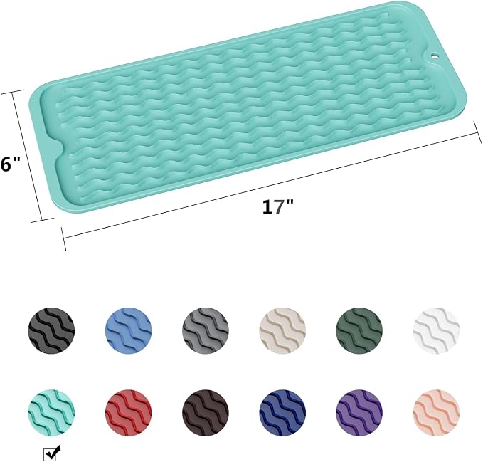 ZLR Small Dish Drying Mat (6" x 17" / 153 x 433mm) - Narrow Silicone Drainer for Kitchen Counter, Apartment & RV - Compact Sponge Holder & Sink Caddy Tray, Non-Slip Food-Grade Silicone (Mint Green)
