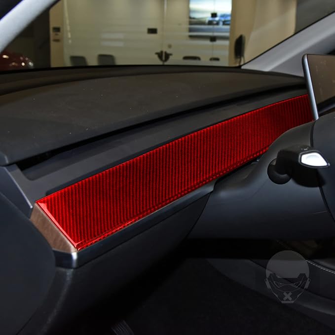 Red Real Carbon Fiber Trim for Tesla Accessories | for Model 3 2017-2022 / Model Y 2020-2024 Dashboard Instrument Panel Sticker Interior Thick Overlay Decal